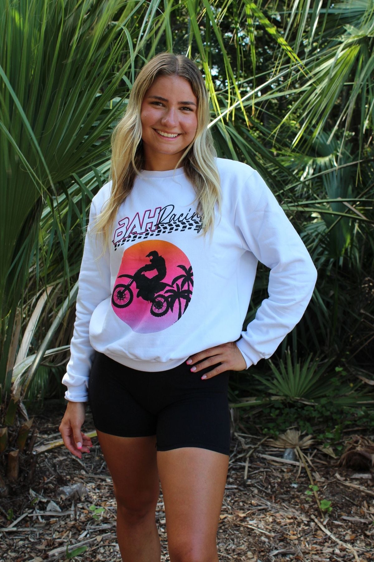 Fun & comfy Tropical Moto Sweater: Tropical motocross theme, 100% cotton. Runs small (size up). Perfect for a trendy look. Buy Now!
