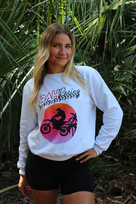 Fun & comfy Tropical Moto Sweater: Tropical motocross theme, 100% cotton. Runs small (size up). Perfect for a trendy look. Buy Now!