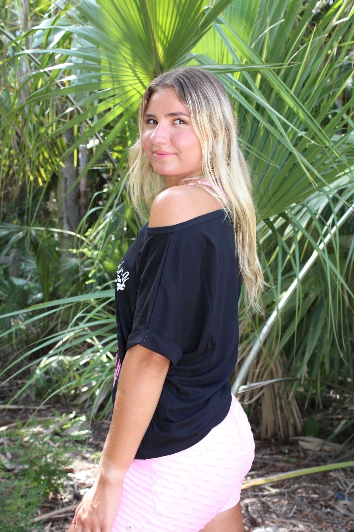 Versatile Shoulder Off T-Shirt: Wear as regular or one-shoulder-off. Pure cotton with exclusive Tropical Motocross print. Perfect with leggings and shorts. Buy Now!