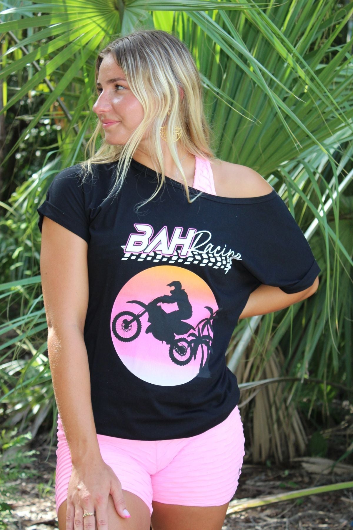 Versatile Shoulder Off T-Shirt: Wear as regular or one-shoulder-off. Pure cotton with exclusive Tropical Motocross print. Perfect with leggings and shorts. Buy Now!