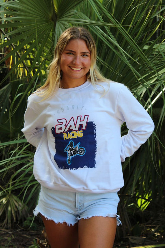 Comfy & stylish GNARLY Sweater with motocross theme. 100% cotton, runs small (size up!). Perfect for a trendy look. Imported and easy care. Buy Now!